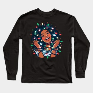 Locs Christmas Lights Black Woman Long Sleeve T-Shirt